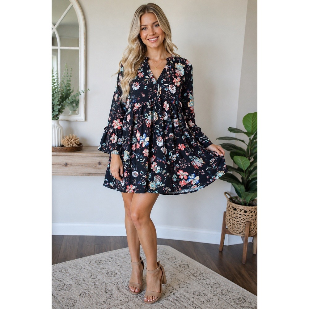 Uncle Frank Floral Babydoll Dress Women's M Black Bell Sleeve Boho Mini